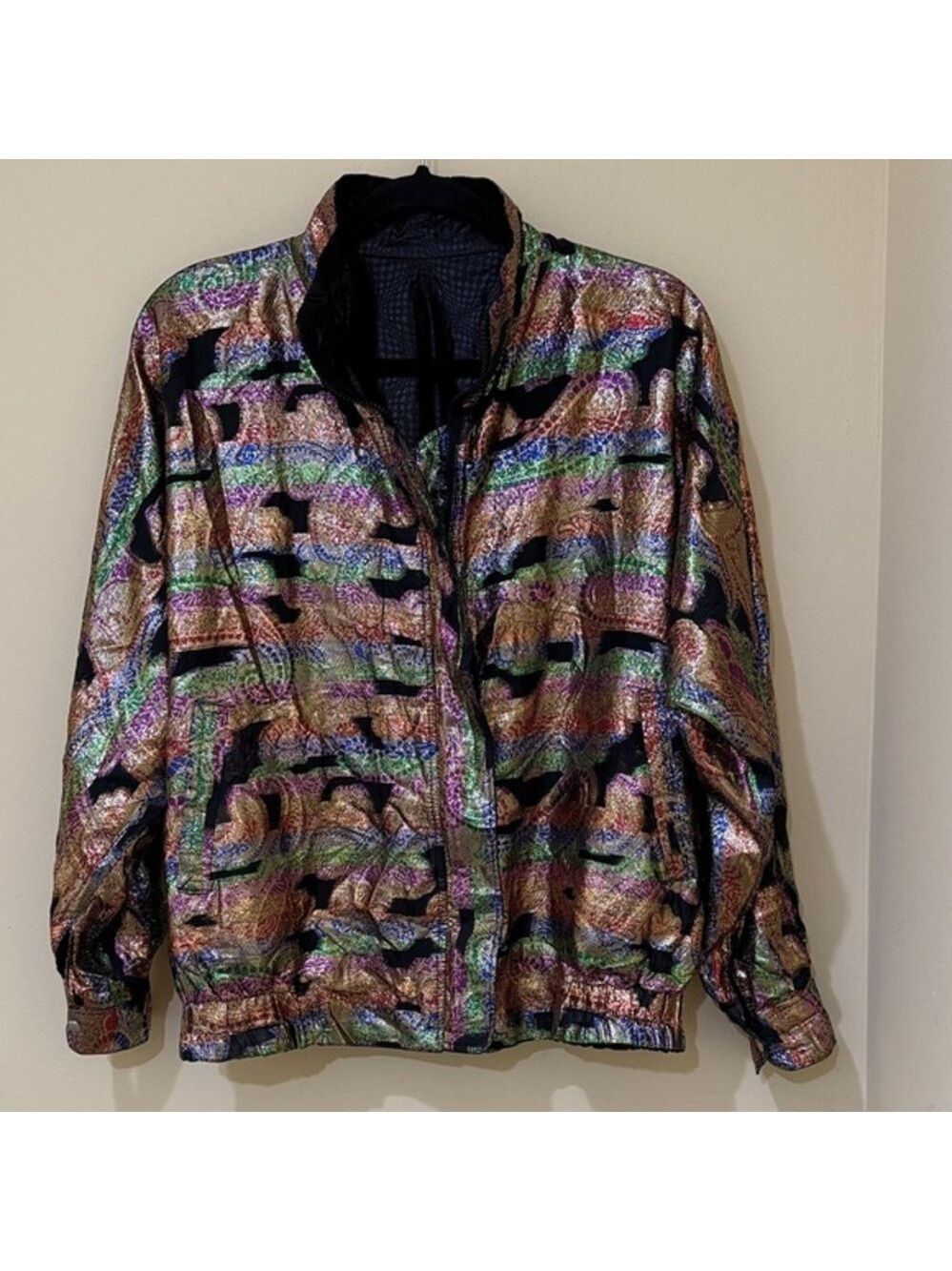 Rafael women Reversible Paisley Metallic Bomber Jacket Full Zip Multicolor/Black